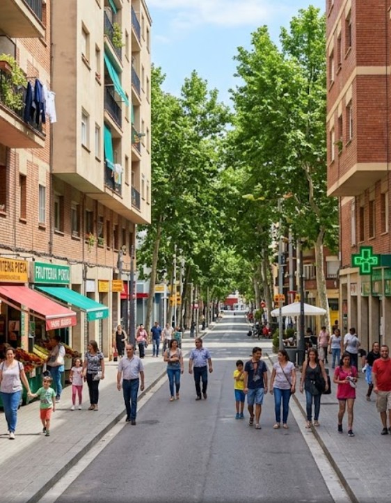 Vistas de las avenidas, comercios y vida vecinal en el barrio de Porta, Barcelona